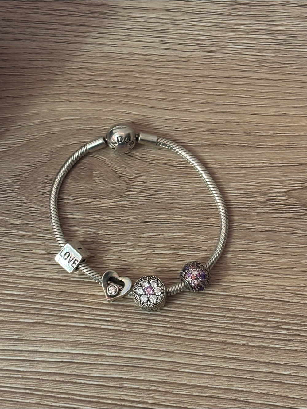 Pandora Silver Snake Chain Bracelet with 4 Charms – Pink & Purple Sparkle